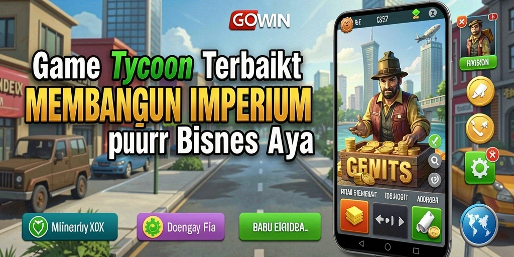 Screenshot gameplay GOWIN yang menunjukkan pembangunan bisnis yang strategis.