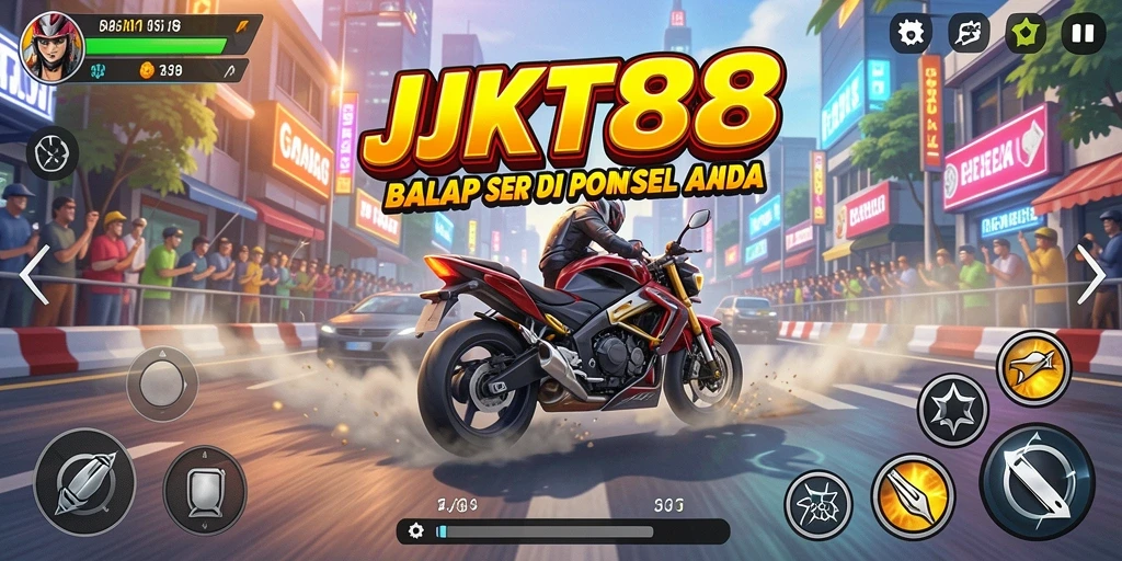 Tangkapan layar JKT8 menampilkan aksi balap yang intens dan mendebarkan.