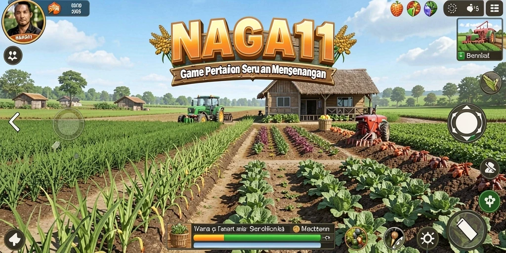 Tangkapan layar utama NAGA11 menampilkan aktivitas bertani yang seru dan interaktif.
