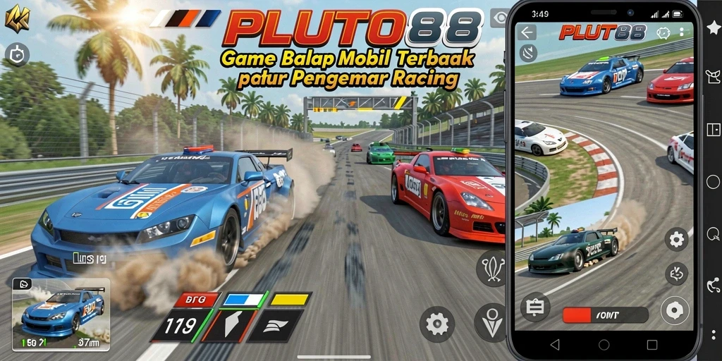 Screenshot gameplay PLUTO88 menampilkan balapan yang mendebarkan dan mobil keren.