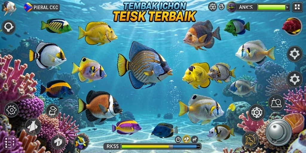 Tampilan gameplay seru RK55 dengan aksi menangkap ikan.