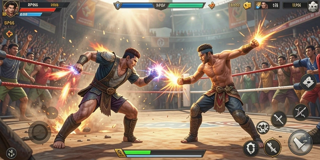 Screenshot RP66 menampilkan pertarungan seru dengan karakter unik dan arena yang memukau.