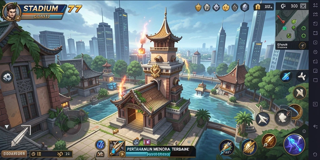 Tangkapan layar gameplay <strong>STADIUM77</strong> menampilkan pertempuran seru dalam mode Tower Defense.