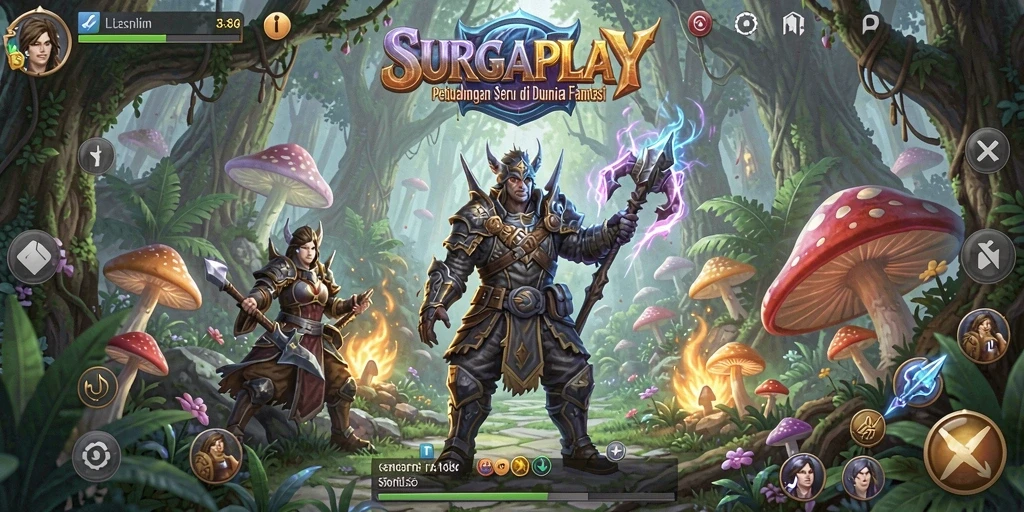 Tampilan gameplay SURGAPLAY dengan berbagai karakter dan lingkungan petualangan.