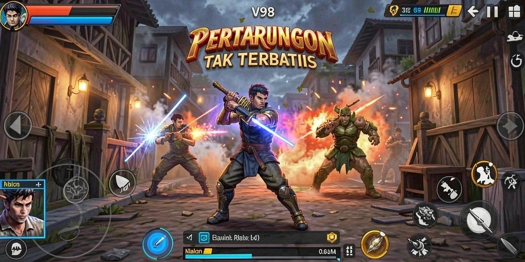 Tampilan gameplay V98 yang intens dalam pertarungan.